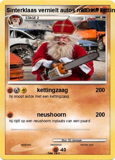 Pokemon Sinterklaas vernielt autos met een kettingzaag