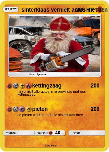 Pokemon sinterklaas vernielt autos met een kettingzaag