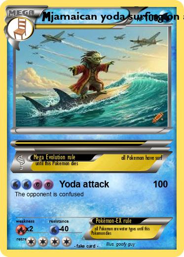 Pokemon jamaican yoda surfing on a shark escaping fighter jets