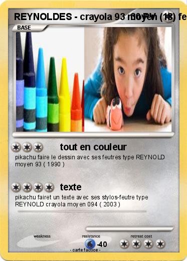Pokemon REYNOLDES - crayola 93 moyen (18) feutre1982