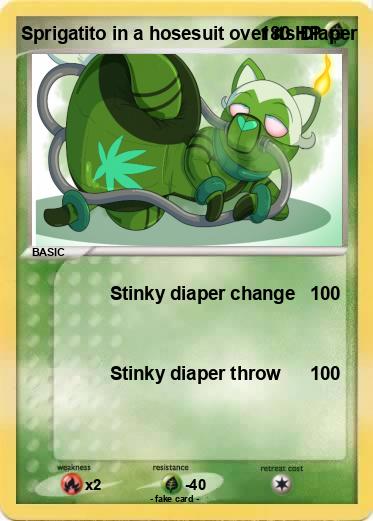 Pokemon Sprigatito in a hosesuit over its Diaper