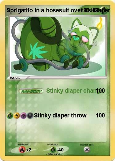 Pokemon Sprigatito in a hosesuit over its Diaper